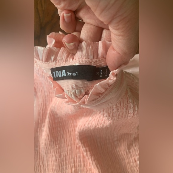 INA womens short ruffle shirred sleeve mini dress pink shiny stripes size small - Picture 4 of 4